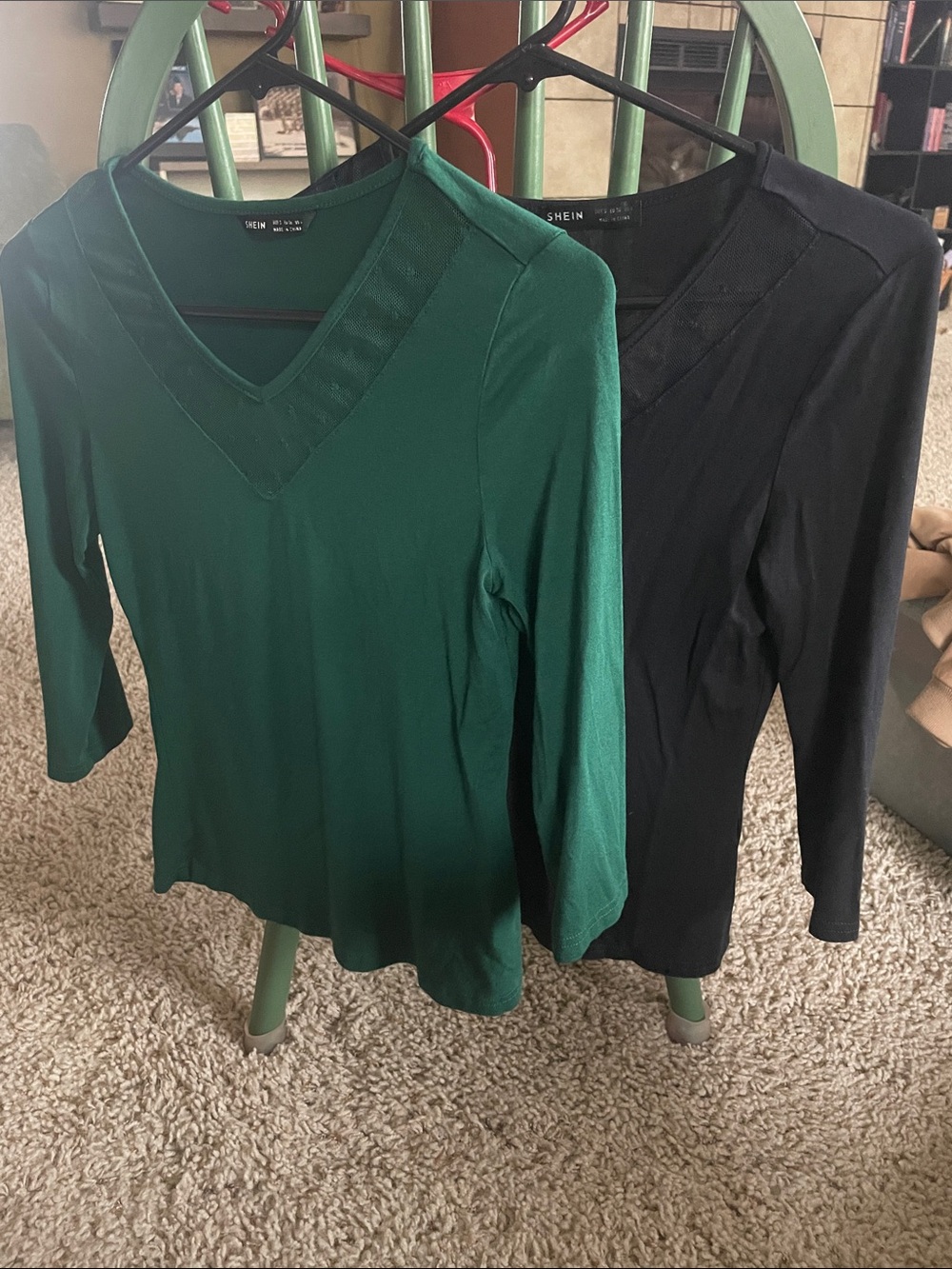 SHEIN Emerald Green and Black V-Neck 3/4 Sleeve Tops - 2 tops